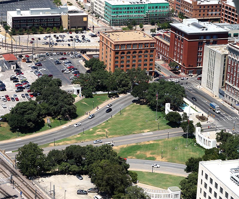 Dealey Plaza with the Texas School Book Depository visible (top center) 